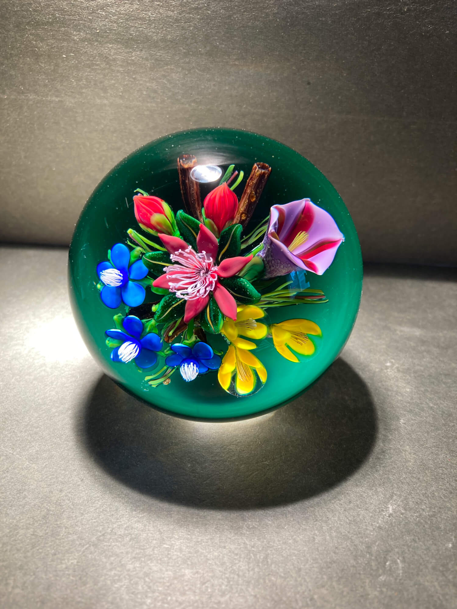 Bouquet on Green Flash Ground glass paperweight by Ken Rosenfeld