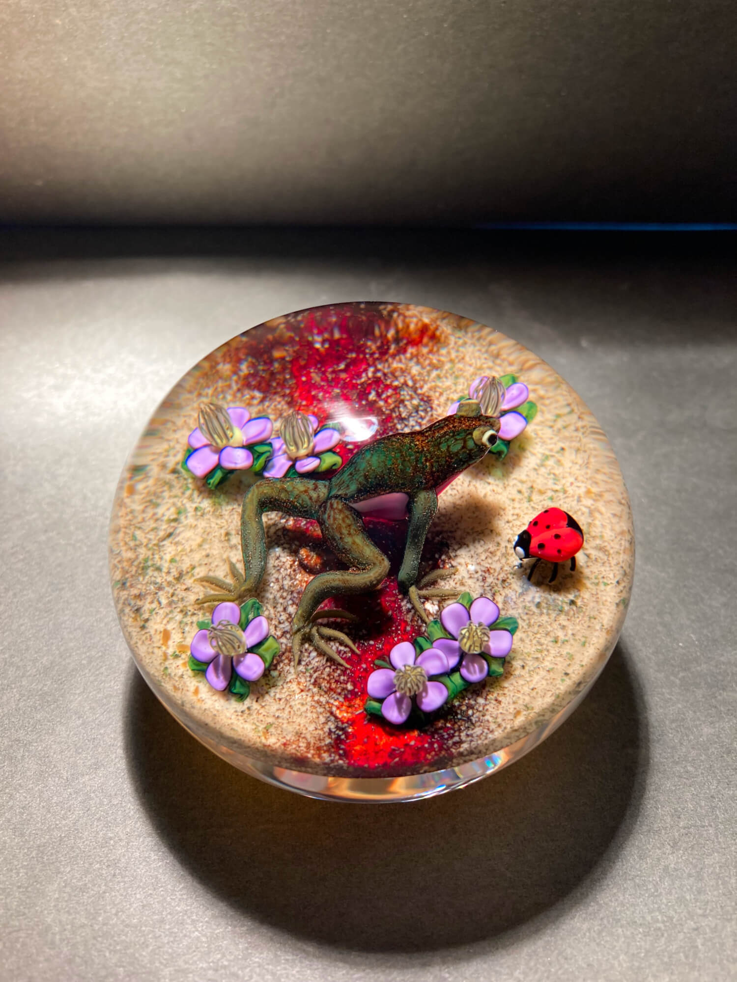 Frog and Ladybug glass paperweight by Ken Rosenfeld