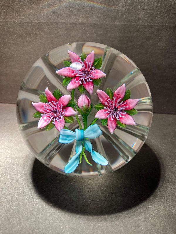 "Pink Clematis with Ribbon" glass paperweight by Ken Rosenfeld